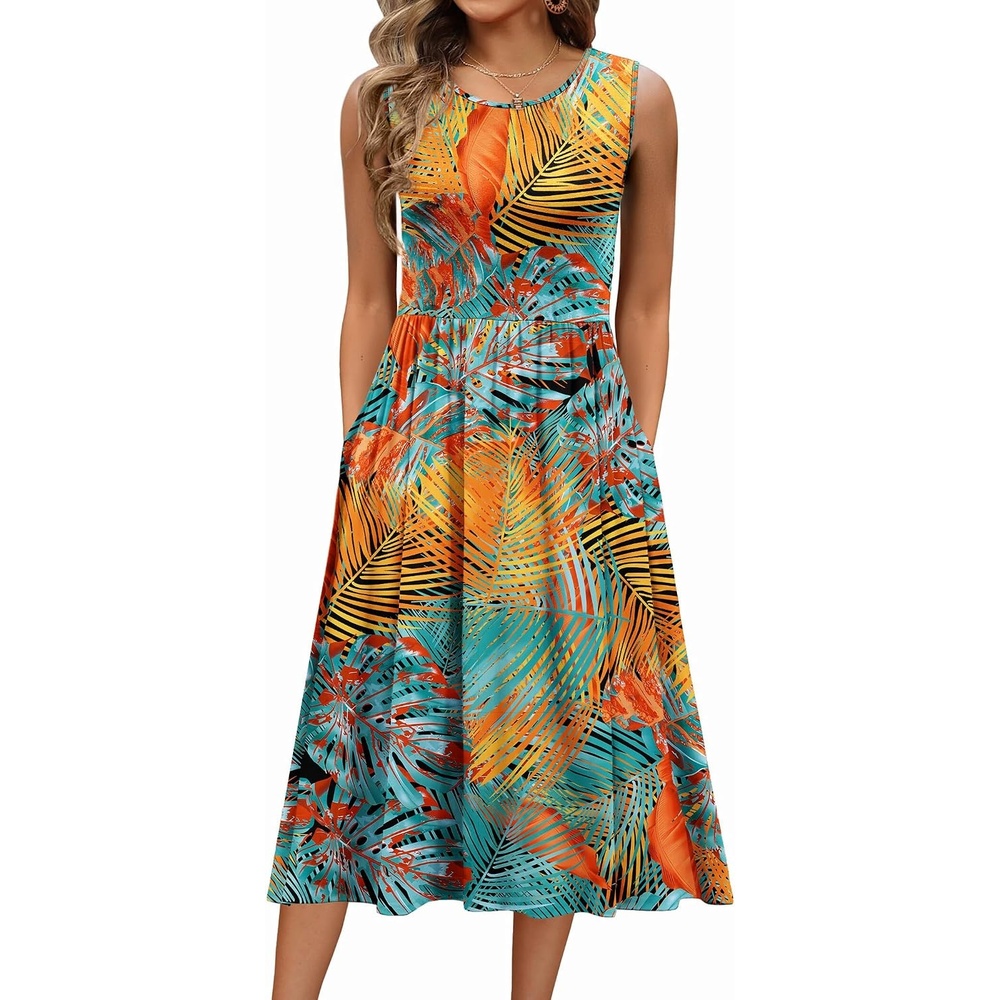 image:imageZeagoo Womens Summer Tank Midi Dress with Pockets Floral Sleeveless ALine Casual Loose TShirt Dresses Beach Sundress 2026Orange Green Leaf