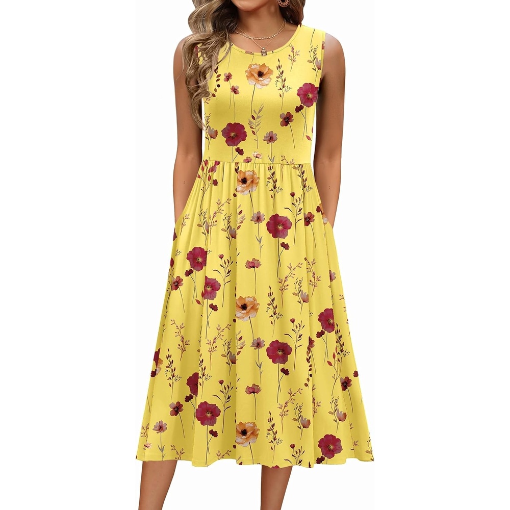 image:imageZeagoo Womens Summer Tank Midi Dress with Pockets Floral Sleeveless ALine Casual Loose TShirt Dresses Beach Sundress 2026Yellow Print