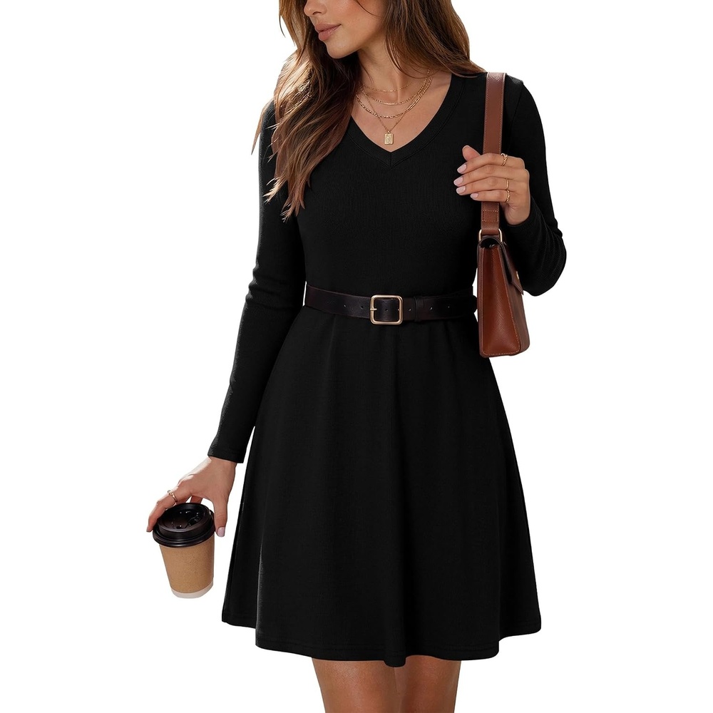 image:imageZeagoo Womens Sweater Dress Ribbed Knit V Neck Short Casual DressBlack
