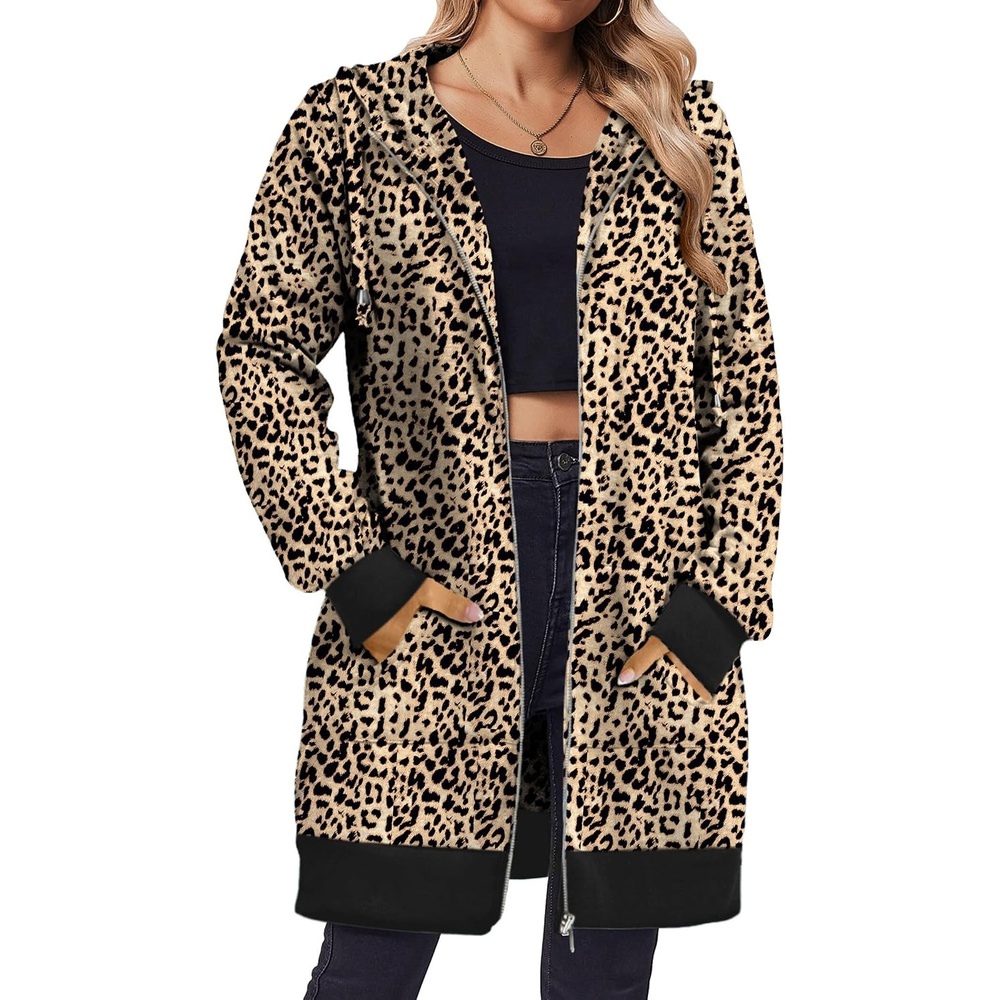 image:imageZeagoo Womens Zip Up Hoodies Long Tunic Sweatshirts Oversized Fleece Casual Long Sleeve 2026 Fall Hoodie Jacket CoatLeopard Print