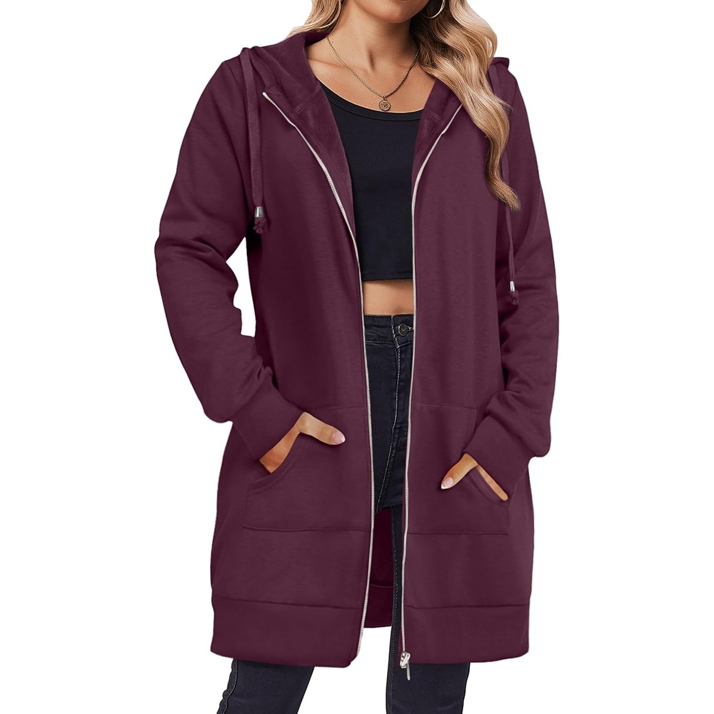 image:imageZeagoo Womens Zip Up Hoodies Long Tunic Sweatshirts Oversized Fleece Casual Long Sleeve 2026 Fall Hoodie Jacket CoatWine Red