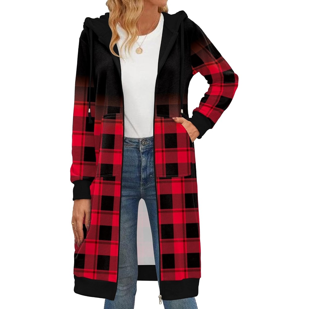 image:imageZeagoo Womens Zip Up Hoodies Oversized Fleece Long Tunic Sweatshirts Casual Long Sleeve 2026 Fall Hoodie Jacket CoatCheck Pattern
