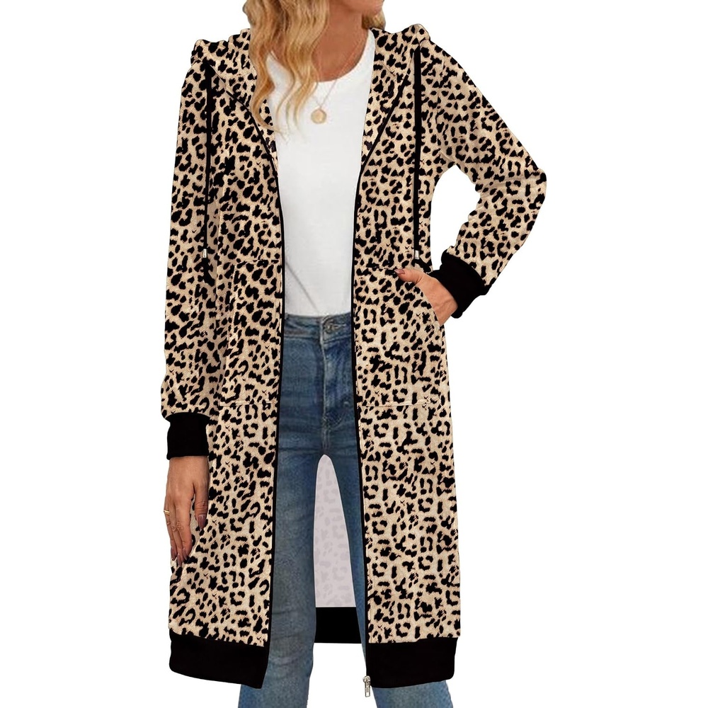 image:imageZeagoo Womens Zip Up Hoodies Oversized Fleece Long Tunic Sweatshirts Casual Long Sleeve 2026 Fall Hoodie Jacket CoatLeopard Print