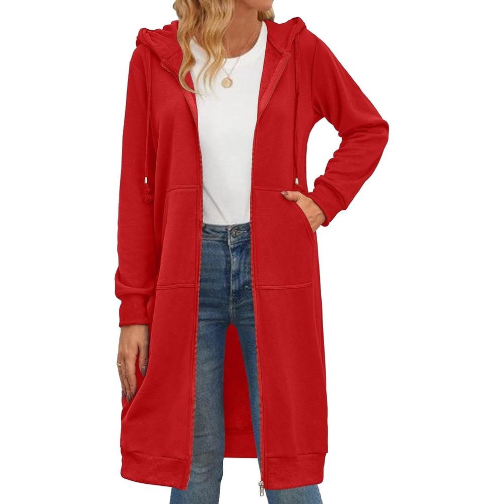 image:imageZeagoo Womens Zip Up Hoodies Oversized Fleece Long Tunic Sweatshirts Casual Long Sleeve 2026 Fall Hoodie Jacket CoatRed