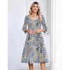 Zeagoo 3/4 Sleeve Women’s Dress Pleated Midi Casual Dresses with Pockets(Ethnic Blue)