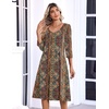 Zeagoo 3/4 Sleeve Women’s Dress Pleated Midi Casual Dresses with Pockets(Ethnic Prints)