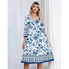 Zeagoo 3/4 Sleeve Women’s Dress Pleated Midi Casual Dresses with Pockets(White-based Print)