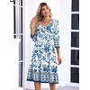 Zeagoo 3/4 Sleeve Women’s Dress Pleated Midi Casual Dresses with Pockets(White-based Print)