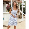 Zeagoo Boho Mini A-line Dress 2025 Womens Summer Dress Casual Ruffle Tiered Floral Square Neck Sundresses Beach with Pockets(Blue White Floral)