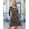 Zeagoo Fall Dresses for Women Long Sleeve Casual Pleated V Neck Dress 2026 A Line Tunic Dress(Black Floral 02)