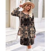 Zeagoo Fall Dresses for Women Long Sleeve Casual Pleated V Neck Dress 2026 A Line Tunic Dress(Black Printed)
