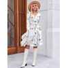 Zeagoo Fall Dresses for Women Long Sleeve Casual Pleated V Neck Dress 2026 A Line Tunic Dress(White Floral)