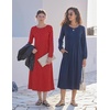 Zeagoo Fall Dresses for Women Long Sleeve Midi Dress Casual A Line Dresses 2026 Pleated Flare Dress with Pockets(Navy Blue)