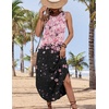Zeagoo Women Floral Summer Casual Beach Printed Tank Dress with Pockets Pleated Front Long Dress(Pink+black Print)