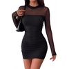 Zeagoo Women’s Mesh Sheer Long Sleeve Dress Ruched Bodycon Mock Neck Dress(01-black)