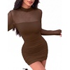 Zeagoo Women’s Mesh Sheer Long Sleeve Dress Ruched Bodycon Mock Neck Dress(Brown)