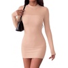Zeagoo Women’s Mesh Sheer Long Sleeve Dress Ruched Bodycon Mock Neck Dress(Khaki)