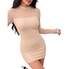 Zeagoo Women’s Mesh Sheer Long Sleeve Dress Ruched Bodycon Mock Neck Dress(Khaki)