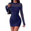 Zeagoo Women’s Mesh Sheer Long Sleeve Dress Ruched Bodycon Mock Neck Dress(Navy Blue)