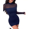 Zeagoo Women’s Mesh Sheer Long Sleeve Dress Ruched Bodycon Mock Neck Dress(Navy Blue)
