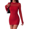 Zeagoo Women’s Mesh Sheer Long Sleeve Dress Ruched Bodycon Mock Neck Dress(Red)