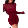 Zeagoo Women’s Mesh Sheer Long Sleeve Dress Ruched Bodycon Mock Neck Dress(Wine Red)