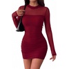 Zeagoo Women’s Mesh Sheer Long Sleeve Dress Ruched Bodycon Mock Neck Dress(Wine Red)