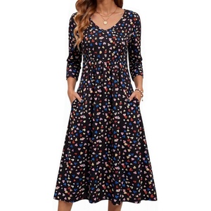 Zeagoo 3/4 Sleeve Women’s Dress Pleated Midi Casual Dresses with Pockets(Colorful Heart)