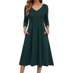 Zeagoo 3/4 Sleeve Women’s Dress Pleated Midi Casual Dresses with Pockets(Dark Green)