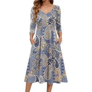 Zeagoo 3/4 Sleeve Women’s Dress Pleated Midi Casual Dresses with Pockets(Ethnic Blue)