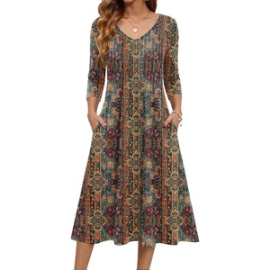 Zeagoo 3/4 Sleeve Women’s Dress Pleated Midi Casual Dresses with Pockets(Ethnic Prints)