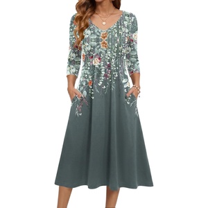 Zeagoo 3/4 Sleeve Women’s Dress Pleated Midi Casual Dresses with Pockets(Plants Gray)
