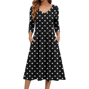 Zeagoo 3/4 Sleeve Women’s Dress Pleated Midi Casual Dresses with Pockets(Polka Dots)