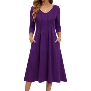 Zeagoo 3/4 Sleeve Women’s Dress Pleated Midi Casual Dresses with Pockets(Purple)