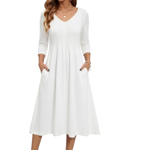 Zeagoo 3/4 Sleeve Women’s Dress Pleated Midi Casual Dresses with Pockets(White)
