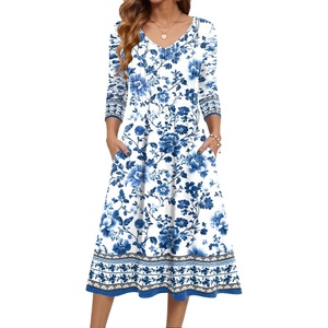 Zeagoo 3/4 Sleeve Women’s Dress Pleated Midi Casual Dresses with Pockets(White-based Print)
