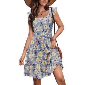 Zeagoo Boho Mini A-line Dress 2025 Womens Summer Dress Casual Ruffle Tiered Floral Square Neck Sundresses Beach with Pockets(Blue Pink Floral)
