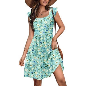 Zeagoo Boho Mini A-line Dress 2025 Womens Summer Dress Casual Ruffle Tiered Floral Square Neck Sundresses Beach with Pockets(Light Blue Floral)