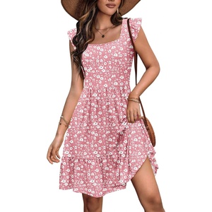 Zeagoo Boho Mini A-line Dress 2025 Womens Summer Dress Casual Ruffle Tiered Floral Square Neck Sundresses Beach with Pockets(Pink White Floral)