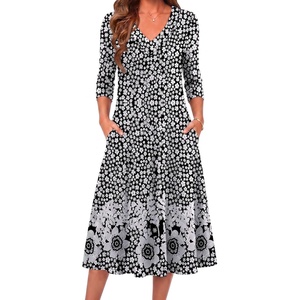 Zeagoo Dresses for Womens Long Sleeve Midi Dress Fall Casual A Line Dress(Black White Floral)