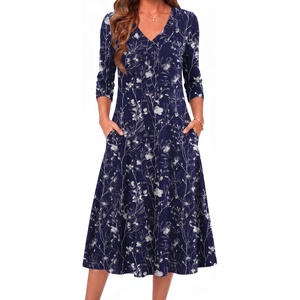 Zeagoo Dresses for Womens Long Sleeve Midi Dress Fall Casual A Line Dress(Blue Loral-2)