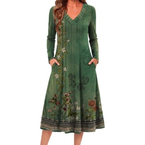 Zeagoo Dresses for Womens Long Sleeve Midi Dress Fall Casual A Line Dress(Green Floral)