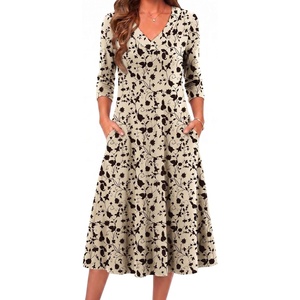 Zeagoo Dresses for Womens Long Sleeve Midi Dress Fall Casual A Line Dress(Khaki Printed)