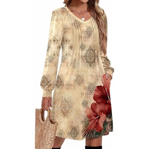 Zeagoo Fall Dresses for Women Long Sleeve Casual Pleated V Neck Dress 2026 A Line Tunic Dress(Beige Floral)