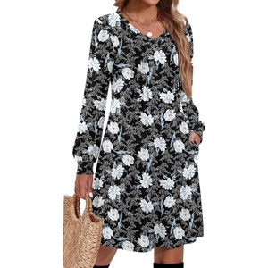 Zeagoo Fall Dresses for Women Long Sleeve Casual Pleated V Neck Dress 2026 A Line Tunic Dress(Black Floral)