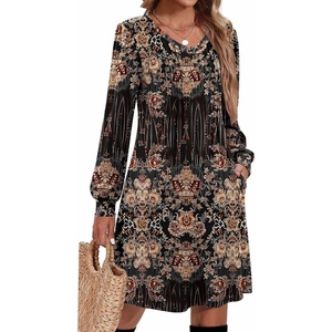 Zeagoo Fall Dresses for Women Long Sleeve Casual Pleated V Neck Dress 2026 A Line Tunic Dress(Black Printed)