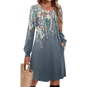 Zeagoo Fall Dresses for Women Long Sleeve Casual Pleated V Neck Dress 2026 A Line Tunic Dress(Blue Green Floral)