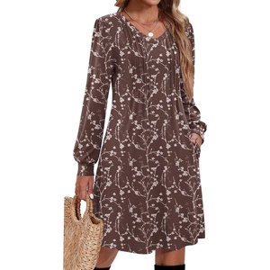 Zeagoo Fall Dresses for Women Long Sleeve Casual Pleated V Neck Dress 2026 A Line Tunic Dress(Brown Floral)