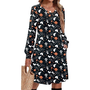 Zeagoo Fall Dresses for Women Long Sleeve Casual Pleated V Neck Dress 2026 A Line Tunic Dress(Halloween Print)