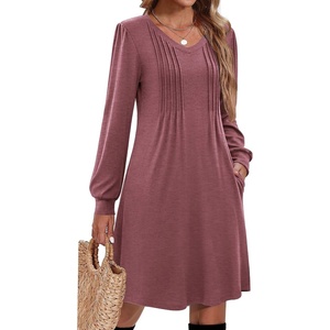Zeagoo Fall Dresses for Women Long Sleeve Casual Pleated V Neck Dress 2026 A Line Tunic Dress(Mauve)